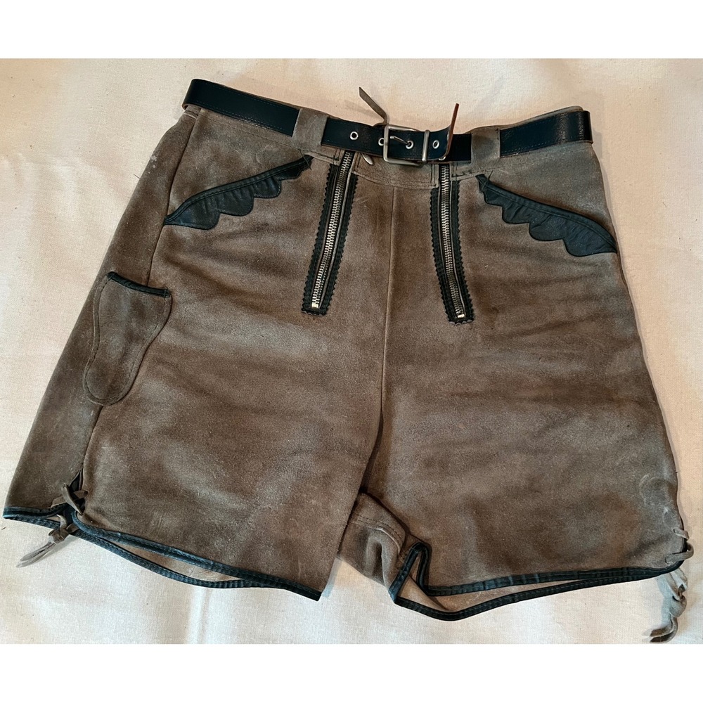 Vintage Lederhosen Suede Leather Shorts Grey Brown Zipp Zip Art 204/II 158